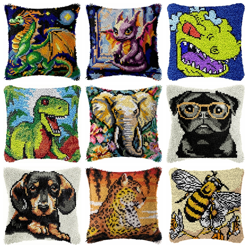 Printed Embroidery Kit - Dinosaur Latch Hook Pillow Kit DIY