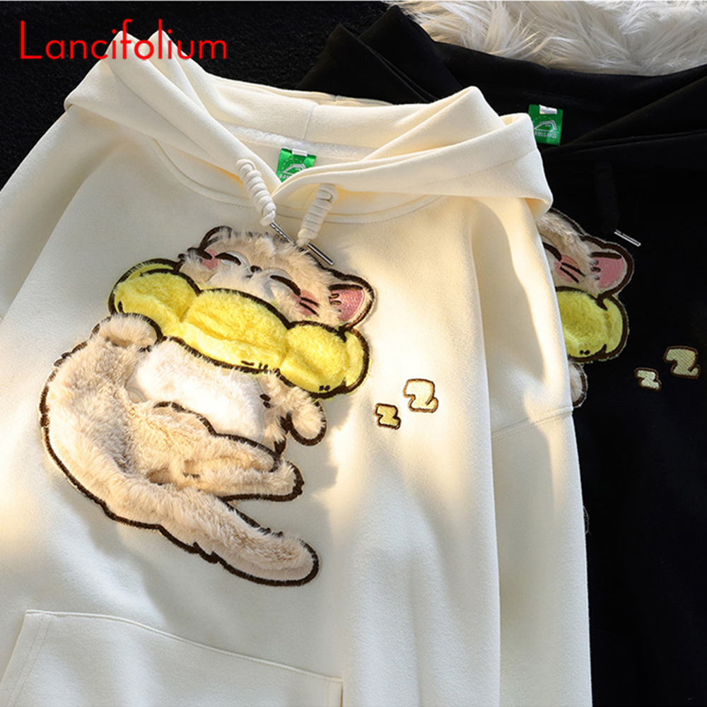 Embroidery Design 3D - Flocking Kawaii Cat Embroidery Hooded Hoodie