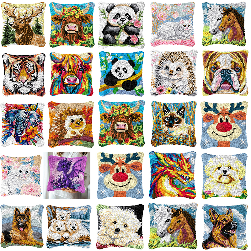 Printed Embroidery Kit - Dog Cow Latch Hook Pillow Smyrna